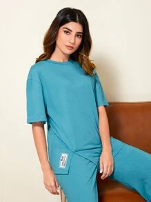 Mulvari Bộ đồ hai mảnh nữ Đắp vá Chia Lá thư Giải trí - Màu xanh lam - Xem 1