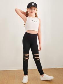 SHEIN Tween Girl Ladder Cut Out Leggings - Black - View 4