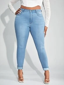 SHEIN SXY 大碼高腰卷邊緊身牛仔褲 - 淺色水洗藍 - 查看 3