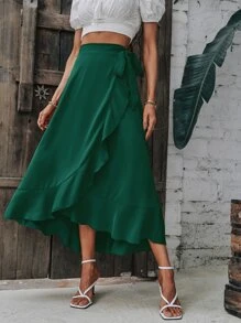 SHEIN LUNE Solid Wrap Hem Tie Side Skirt - Dark Green - View 1
