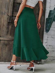 SHEIN LUNE Solid Wrap Hem Tie Side Skirt - Dark Green - View 2