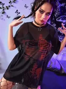 ROMWE Grunge Punk 骷髅印花网眼上衣，学校 - 黑色 - 查看 6