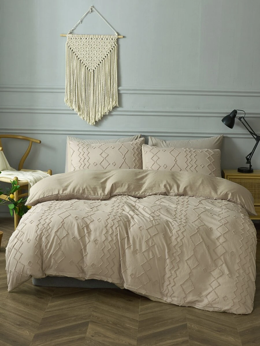 幾何簇絨被套套裝不附帶內芯 - 卡其色 - 查看 1