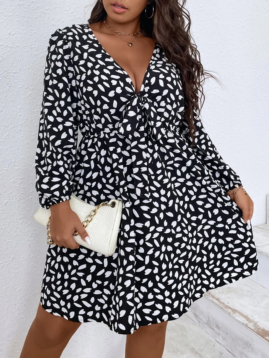 SHEIN LUNE Đầm Plus Size Thắt nơ trước Tất cả trên in Giải trí - Đen và trắng - Xem 1