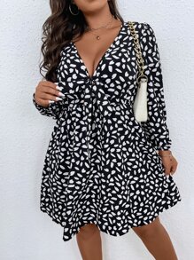 SHEIN LUNE Đầm Plus Size Thắt nơ trước Tất cả trên in Giải trí - Đen và trắng - Xem 6