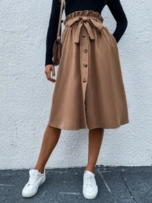 SHEIN Essnce Váy nữ Thắt lưng Túi Quần paper-bag màu trơn Giải trí - Rỉ Nâu - Xem 3