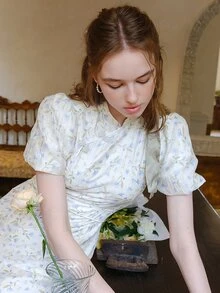 小碎花泡泡袖珍珠細節連衣裙 - 白色 - 查看 7