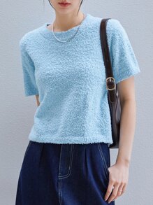 DAZY Solid Fluffy Knit Top - Baby Blue - View 2