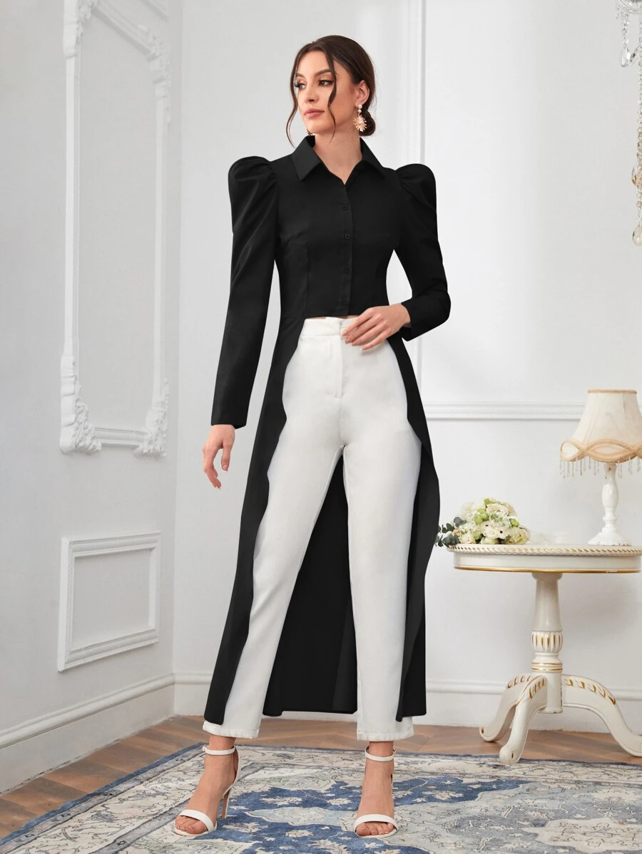 Modelyn Solid High Low Button Front Gigot Sleeve Shirt - Black - View 1