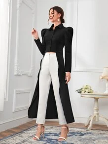 Modelyn Solid High Low Button Front Gigot Sleeve Shirt - Black - View 3