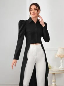 Modelyn Solid High Low Button Front Gigot Sleeve Shirt - Black - View 4