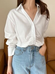 DAZY 實色釦子前摺襟放肩襯衫 - 白色 - 查看 7