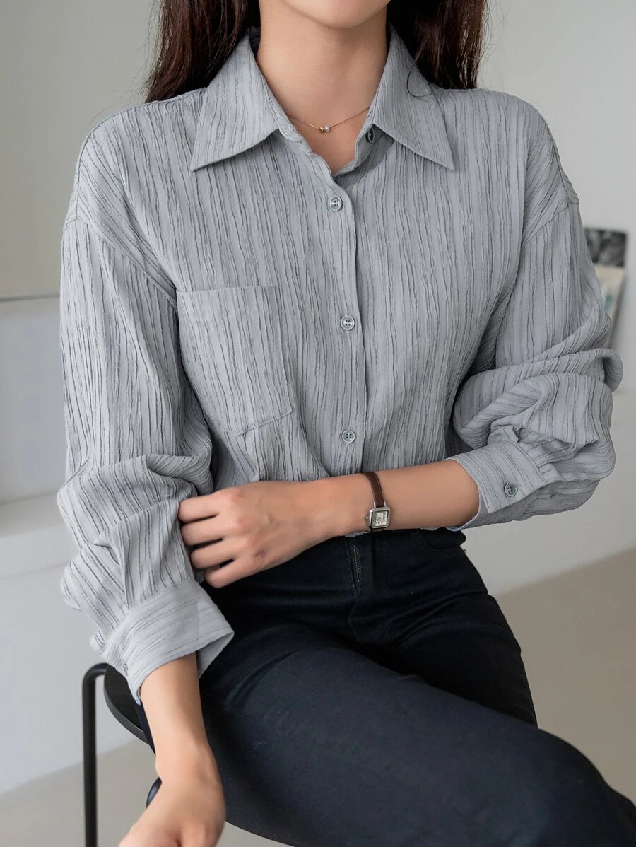 DAZY Áo sơ mi nữ Túi màu trơn Giải trí - Xám - Xem 1