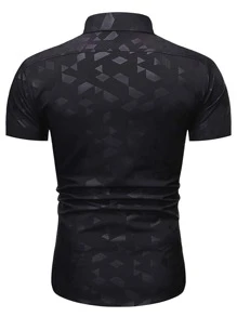 Men's Fashion Urban Geometric Embossed Short Sleeve Shirt - Black - View 2