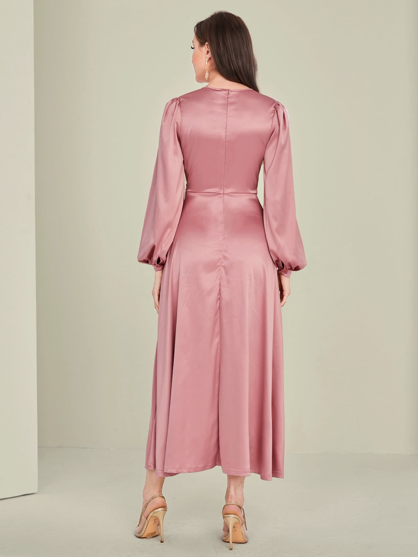 Satin Ruched Bishop Sleeve Gown