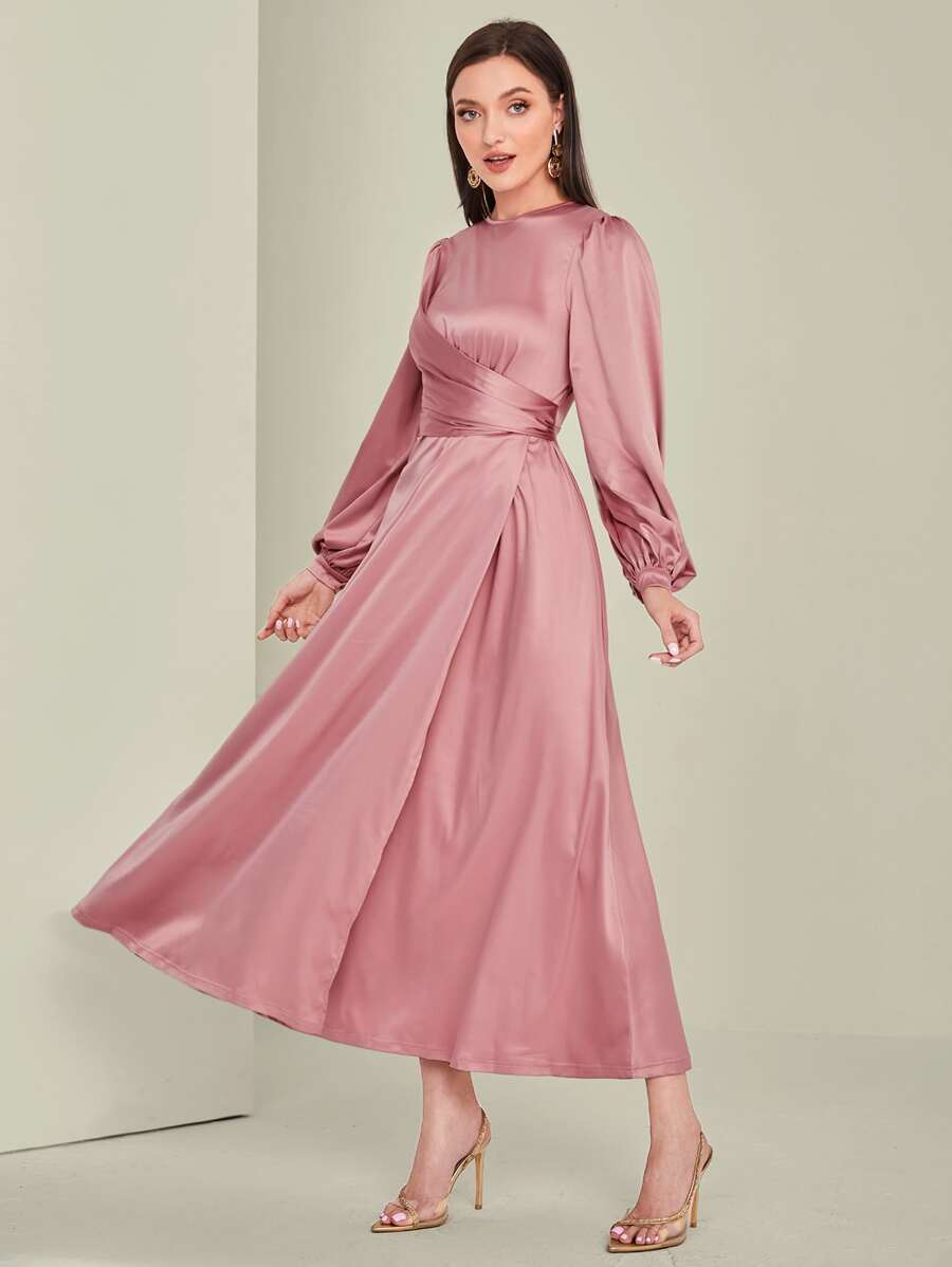 Modelyn Solid Ruched Bishop Sleeve Satin Dress - Dusty Pink - View 1