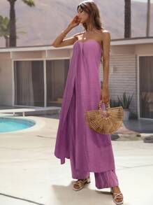 SHEIN VCAY 開叉長款抹胸上衣和長褲套裝 - 藕粉色 - 查看 4