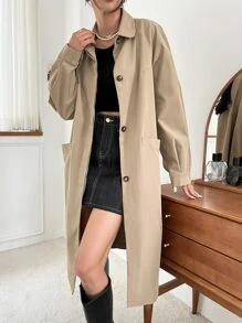 DAZY Button Front Dual Pocket Raglan Sleeve Coat - Khaki - View 1