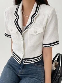 DAZY 織帶拼接翻蓋口袋夾克 - 白色 - 查看 6