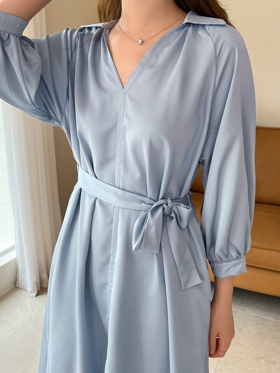 Solid Raglan Sleeve Belted Dress