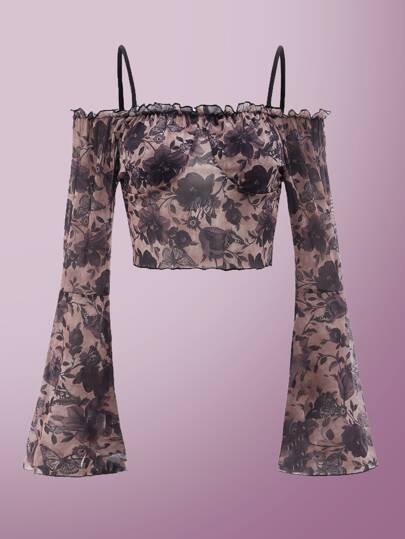 Fairycore Floral & Butterfly Print Frill Cold Shoulder Mesh Top