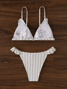 夏季条纹荷叶边丁字裤比基尼 - 白色 - 查看 2