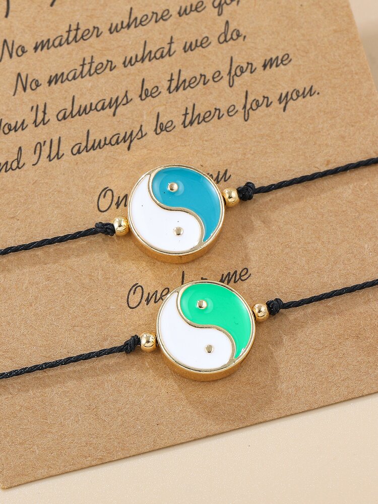 2pcs Simple Alloy Tai Chi Pendant Braided Bracelet Set With Oil Drop Effect, Suitable For Daily Wear - Multicolor - View 6