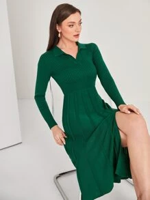 Modelyn Ladies áo len váy Gân đan Tách cao màu trơn Thanh lịch - Màu xanh lá cây đậm - Xem 3
