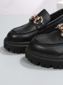 Women's Round Toe Platform Retro Oxford Loafer Shoes With Metal Chain Decor, Low-Top Slip-On Casual Oxfords, Lightweight Comfortable Spring/Autumn Flats - Black - View 7