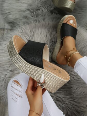 Litchi Embossed Wedge Slide Sandals