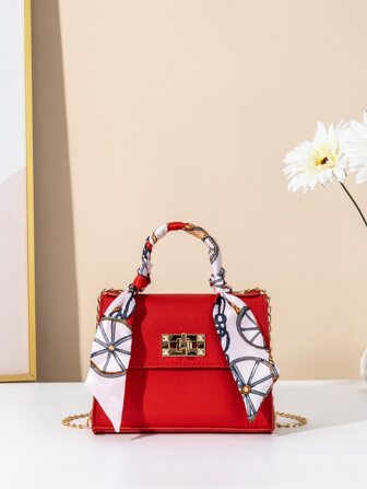 Bow Decor Waterproof,Lightweight,Business Casual Mini Random Pattern Skinny Scarf Decor Twist Lock Flap Chain Square Bag For Teen Girls Women College Students,Rookies & White-Collar Workers Perfect For Office,College,Work ,Business,Commute