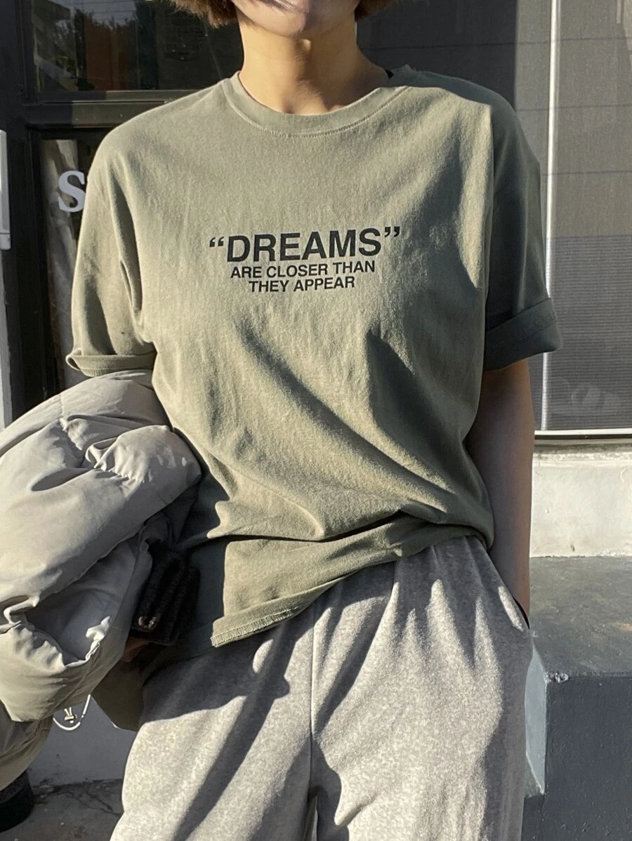 DAZY 標語圖案落肩T恤 - 軍綠色 - 查看 1