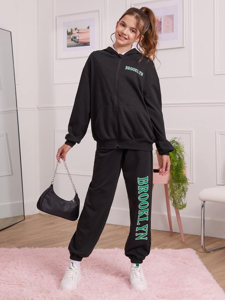 Teen Girls Letter Graphic Zip Up Hoodie and Sweatpants Set