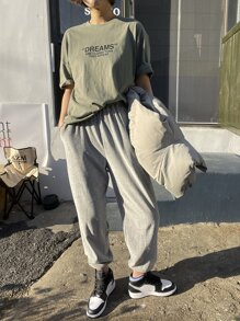 DAZY 標語圖案落肩T恤 - 軍綠色 - 查看 3