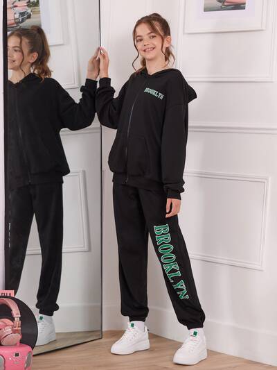Teen Girls Letter Graphic Zip Up Hoodie and Sweatpants Set