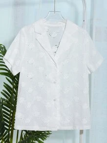 DAZY Camisa de manga corta de unicolor con bordado calado de estilo informal de negocios - Blanco - Ver 6