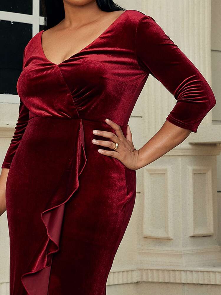 seomiscky Plus Surplice Neck Ruffle Trim Velvet Dress