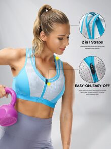 WINGSLOVE Zipper Front Cutout Back Sports Bra - Blue and White - View 1