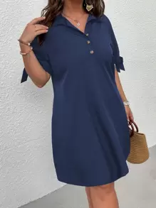 SHEIN LUNE Plus Knot Cuff Quarter Button Shirt Dress - Navy Blue - View 1