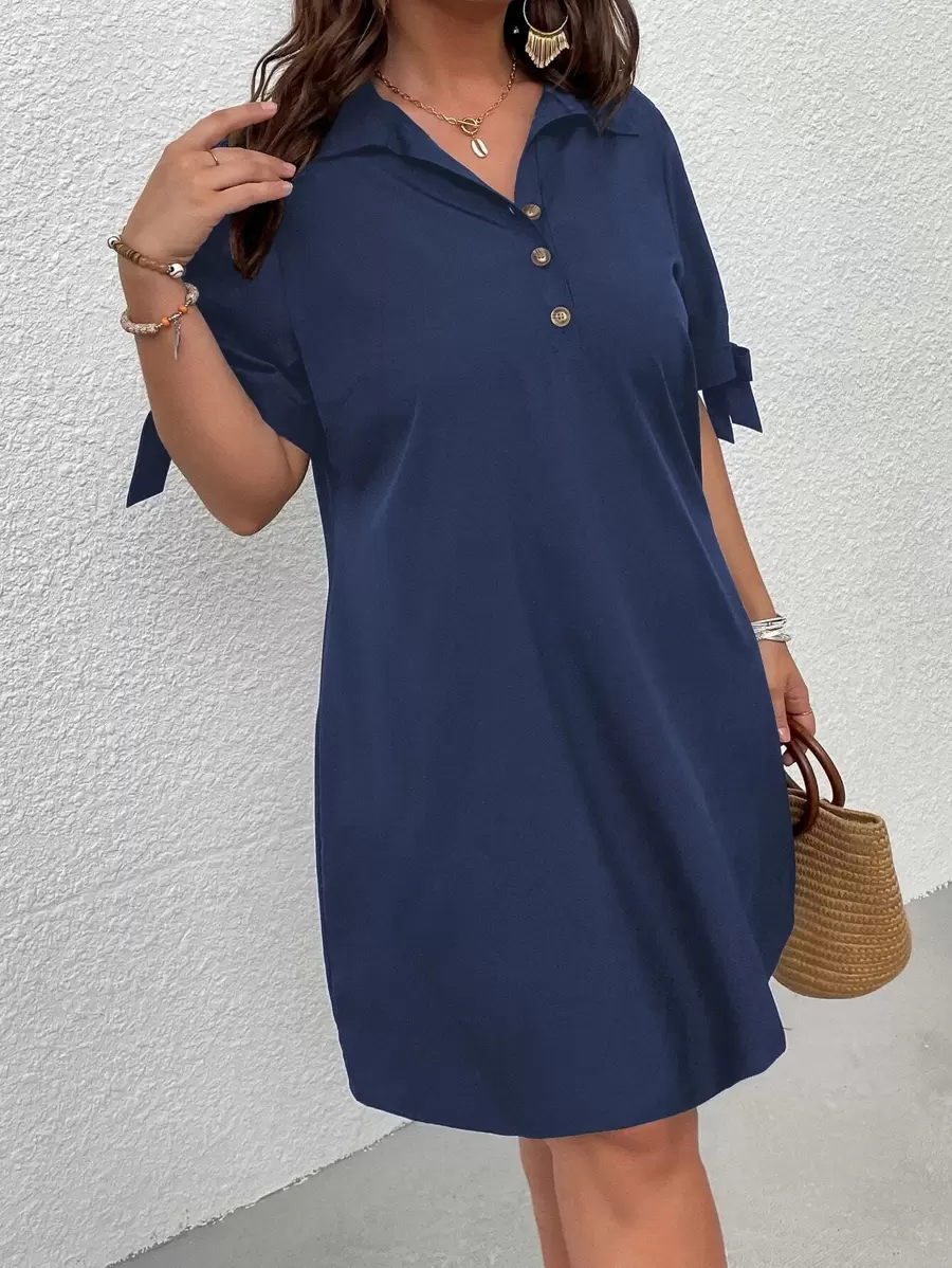 SHEIN LUNE Plus Knot Cuff Quarter Button Shirt Dress - Navy Blue - View 1