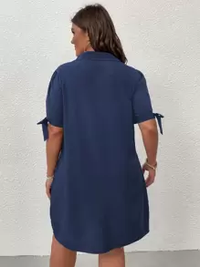 SHEIN LUNE Plus Knot Cuff Quarter Button Shirt Dress - Navy Blue - View 2