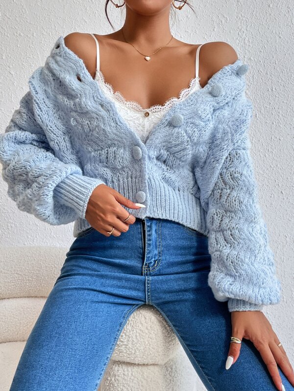 SHEIN Essnce Drop Shoulder Textured Knit Cardigan SHEIN USA