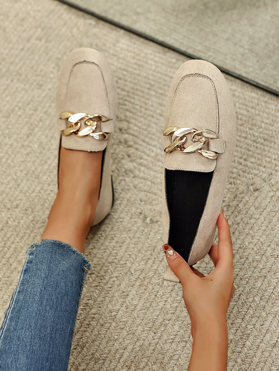 Chain Detail Loafer Flats - Khaki - View 1
