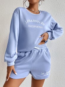 SHEIN EZwear Letter Embroidery Drop Shoulder Thermal Pullover & Drawstring Shorts - Blue - View 4