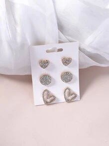 3 pares de pendientes de botón con decoración de corazón de rhinestone para San Valentín, mamá, madre, Día de la Madre, regalo - Amarillo Oro - Ver 6