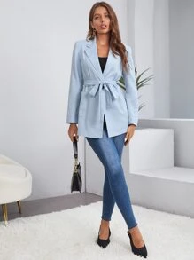 Patched Pocket Single Button Belted Blazer - Baby Blue - View 5