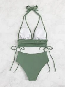 SHEIN Swim Drawstring High Waisted Bikini Summer - Olive Green - View 2