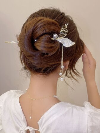 Faux Pearl & Rhinestone Fishtail Decor Hair Pin Elegant Hair Bun Hair Bun Maker Bun Hair Piece Hair Styling Pins, School Stuff, Hair Accerssories