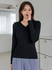 DAZY Áo len dệt kim cổ chữ V trơn, quần áo mùa thu - màu đen - Xem 4