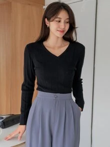 DAZY Áo len dệt kim cổ chữ V trơn, quần áo mùa thu - màu đen - Xem 6